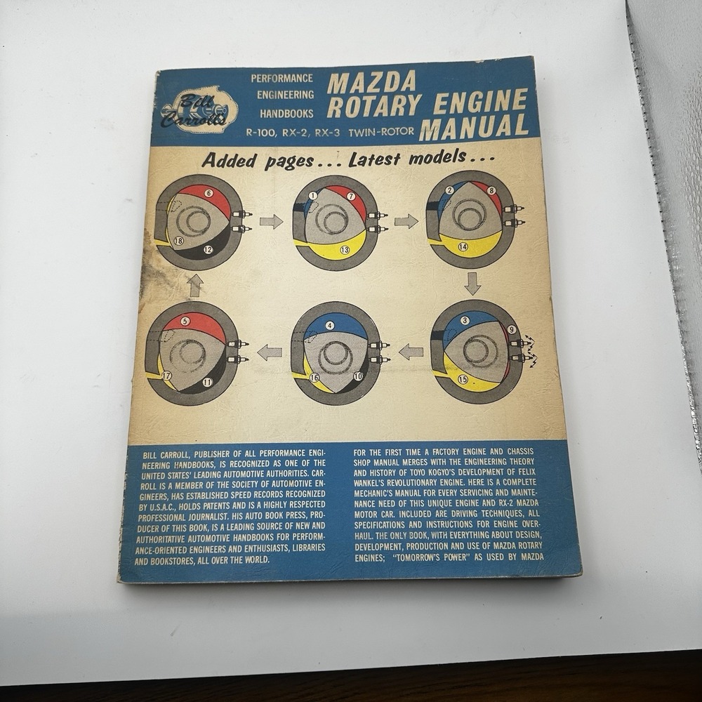 Original! Vintage  1972 Mazda Rotary Engine Manual by Bill Carrol R100 RX-2 RX-3